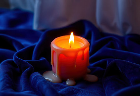 Burning candle on blue cloth, close-up, soft focusの素材