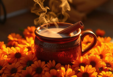 Cup of coffee with calendula flowers on table, closeupの素材