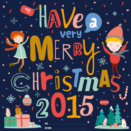 Vintage Merry Christmas And Happy New Year Calligraphic And Typographic Background. Greeting stylish illustration of winter elements and wishes. Good for design, cards or posters. Scrapbooking.のイラスト素材