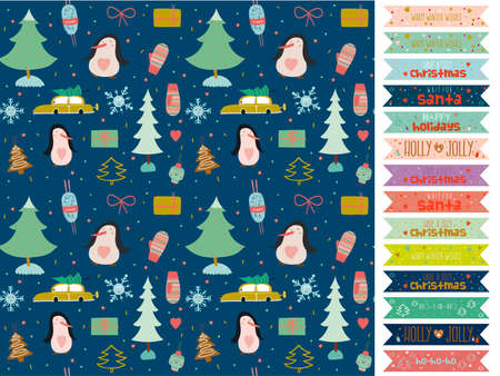 Vintage Christmas and New Year greeting pattern. Vector illustration of gingerbread, toys, snowman, gifts, mittens and other winter elements. Good for design, cards or posters. Scrapbooking. Wrappingのイラスト素材