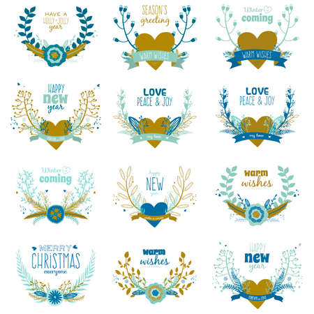 Illustration of Christmas and New Year greeting romantic flower seamless pattern with labels, ribbons, hearts, wreaths, laurel. Good for winter cards or posters. Wrapping. Brown paper. Scrapbookingのイラスト素材