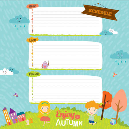design elements for notebook, diary, organizer and other school template design. Cute and cartoon illustration note papers, ready for your message. Goodbye summer. Hello autumn.のイラスト素材