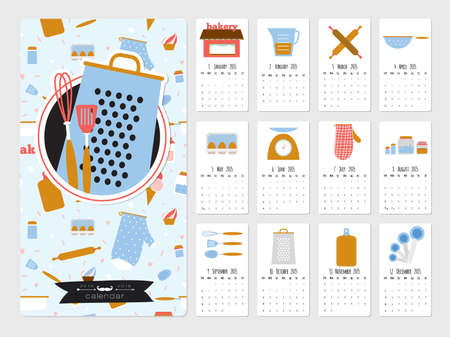 Unusual calendar for 2015. Cute vector food icons with cartoon cooking elements. Vector illustration in cute style. Vintage collection. Good organizer and schedule. Suitable for cafes and restaurants.のイラスト素材