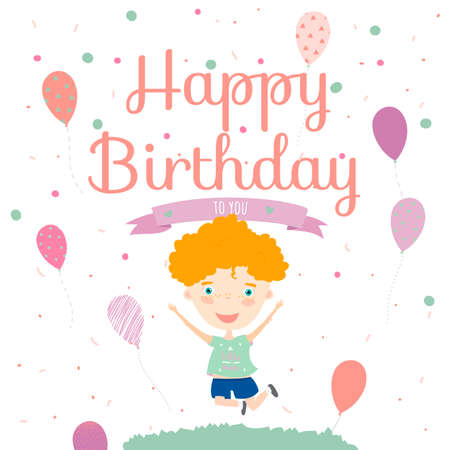 Birthday card with cute jumping boy and Birthday Party Invitation card template in cartoon and cute styleのイラスト素材