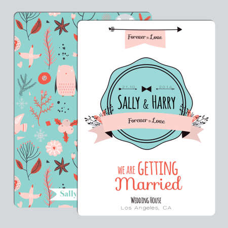 Vintage romantic floral Save the Date invitation in bright colors in vector. Wedding calligraphy card template with greeting labels, ribbons, hearts, flowers, arrows, wreaths, laurel.のイラスト素材