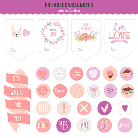 Cute cards, notes and stickers with spring and summer illustrations. Template for scrapbooking, notebooks, diary, personal schedule and school accessories.のイラスト素材