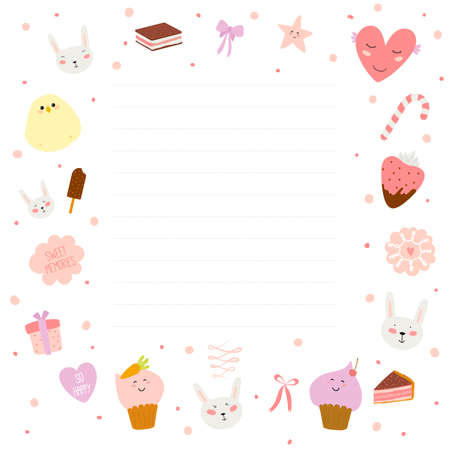 Cute cards, notes and stickers with spring and summer illustrations. Template for scrapbooking, notebooks, diary, personal schedule and school accessories.のイラスト素材
