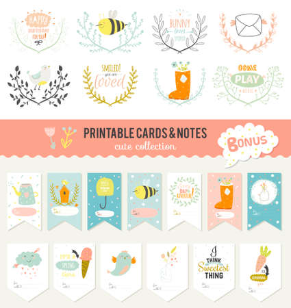 Cute cards, notes and stickers with spring and summer illustrations. Template for scrapbooking, notebooks, diary, personal schedule and school accessories.のイラスト素材