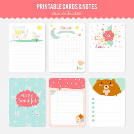 Cute cards, notes and stickers with spring and summer illustrations. Template for scrapbooking, notebooks, diary, personal schedule and school accessories.のイラスト素材