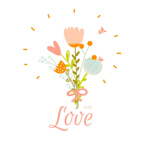 Romantic and love Summer card. Template for wedding, mothers day, birthday, invitations. Greeting illustration bouquet of flowers with lovely wishのイラスト素材