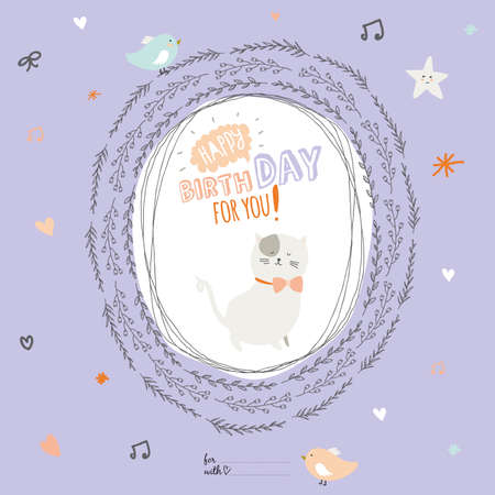 Romantic and love Happy Birthday card with greeting wish and cute cat in a wreath of leaves. Funny invitation in vector.のイラスト素材