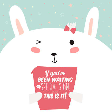 Greeting card with cute and funny bunny illustration. Inspirational and motivational Greeting card with funny bunny and motivational quotes poster. Good for happy birthday greetings and other holidaysのイラスト素材