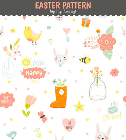 Cute funny seamless pattern with animals, Bunny, hearts, stars, birds, flowers, chicken and wishes. Best for textures, wallpaper, wrapping, scrapbooking. Lovely romantic Spring background in vectorのイラスト素材