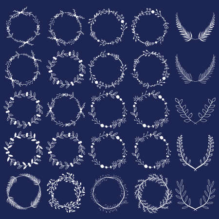 Romantic and love set of greeting hand drawn wreaths, laurels and floral elements with labels and ribbons. Template for wedding cards, banners, invitations or placardのイラスト素材
