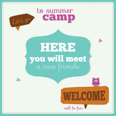 Vector illustration background for tourism or forest camp for kids in a cute character style. Bright poster with funny children. Spring and summer season. Outdoor, travel,  playground, garden, sky, grass, tree.のイラスト素材