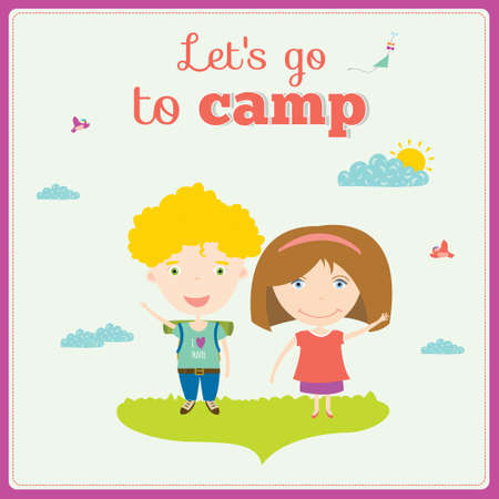 Vector illustration background for tourism or forest camp for kids in a cute character style. Bright poster with funny children. Spring and summer season. Outdoor, travel,  playground, garden, sky, grass, tree.のイラスト素材