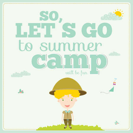 Vector illustration background for tourism or forest camp for kids in a cute character style. Bright poster with funny children. Spring and summer season. Outdoor, travel,  playground, garden, sky, grass, tree.のイラスト素材