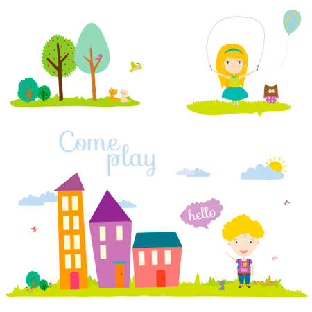 Vector illustration banners for tourism or camp for kids in a cute and cartoon style. Spring and summer season background. Outdoor, travel, beach, sea, playground, garden, sky, grass, treeのイラスト素材