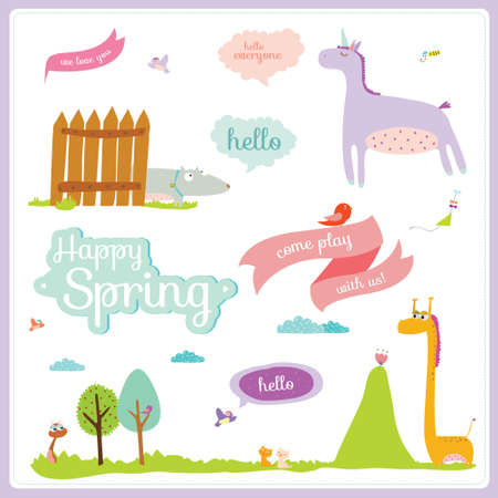 Vector set of cartoon and funny animals with place text. Template summer and spring illustration in cute style. Vintage collection. Can be used for happy birthday greetings and other holidaysのイラスト素材
