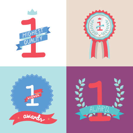 Collection of vector multicolored badges, trophies and awards. Inspirational and motivational icons in hipster style. Vector template for print design.のイラスト素材