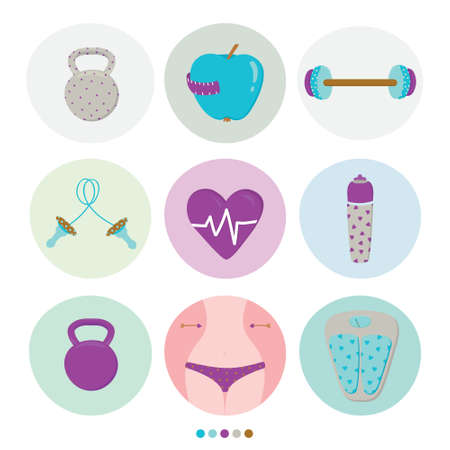 Collection of unusual motivational vector design icons of sport, healthy lifestyle and fitness for men and women on white background.のイラスト素材