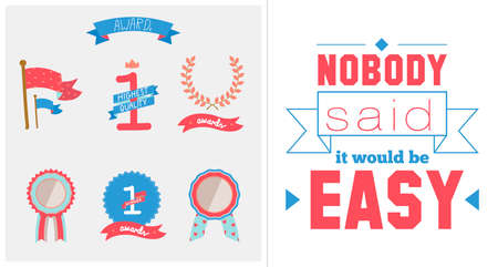 Collection of vector multicolored badges, trophies and awards. Inspirational and motivational quotes poster. Stylish typographic poster design in hipster style. Vector template for print design.のイラスト素材