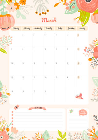 Cute Calendar Template for 2016. Beautiful Diary with Vector Character and Funny Illustrations Animals and Kids. Trendy Season Holidays Backgrounds. Good Organizer and Schedule with place for Notesのイラスト素材