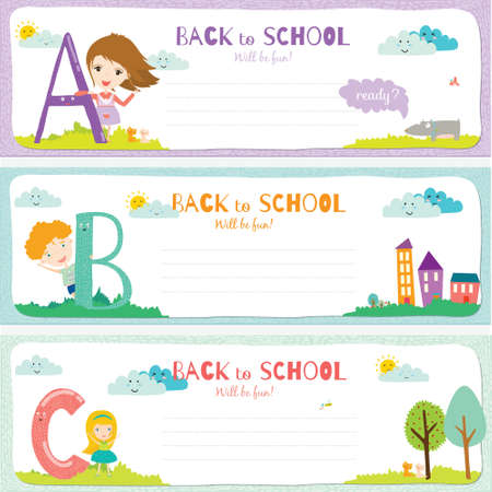 Back to School design. Cute and cartoon illustration smiling happy kids welcome to school. ABC.Vector design elements for notebook, diary, organizer and other school template design.のイラスト素材