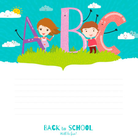 Back to School design. Cute and cartoon illustration smiling happy kids welcome to school. ABC.Vector design elements for notebook, diary, organizer and other school template design.のイラスト素材