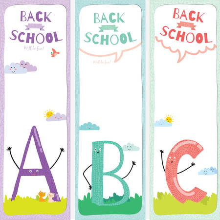 Back to School design. Cute and cartoon illustration smiling happy kids welcome to school. ABC.Vector design elements for notebook, diary, organizer and other school template design.のイラスト素材