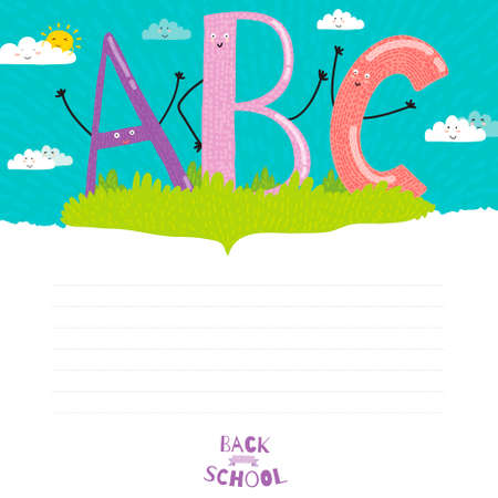 Back to School design. Cute and cartoon illustration smiling happy kids welcome to school. ABC.Vector design elements for notebook, diary, organizer and other school template design.のイラスト素材