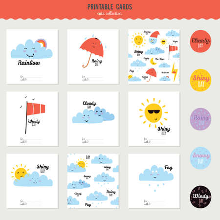 Collection of unusual cartoon and funny smiley weather icons. Vector illustration in cute style.のイラスト素材