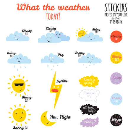 Collection of unusual cartoon and funny smiley weather icons. Vector illustration in cute style.のイラスト素材