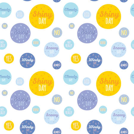 Unusual seamless vector childish pattern with cartoon and funny smiley weather icons. Vector illustration in cute style. Can be used like happy birthday cards. Sunny, cloudy, rainy, snowy, windy.のイラスト素材