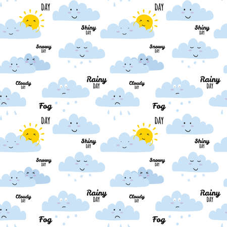 Unusual seamless vector childish pattern with cartoon and funny smiley weather icons. Vector illustration in cute style. Can be used like happy birthday cards. Sunny, cloudy, rainy, snowy, windy.のイラスト素材