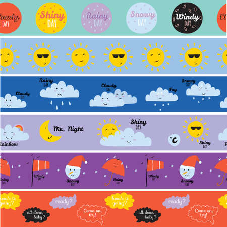 Unusual seamless vector childish pattern with cartoon and funny smiley weather icons. Vector illustration in cute style. Can be used like happy birthday cards. Sunny, cloudy, rainy, snowy, windy.のイラスト素材
