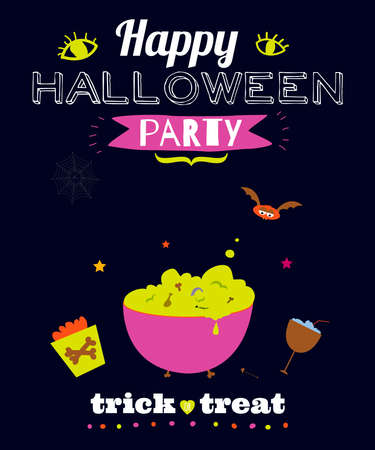 Bright trick or treat card in vector. Stylish halloween illustration with cute, funny, evil, fearsome monsters in cartoon style. Super monster. Happy Halloween party, kids. Eat, drink and be scaryのイラスト素材