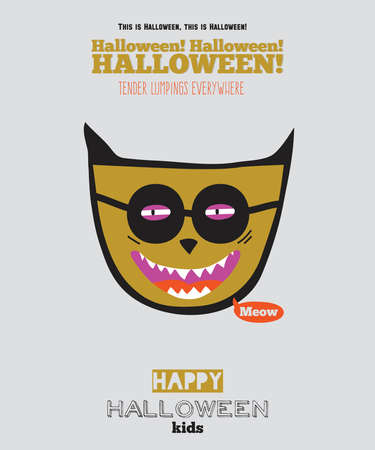 Bright trick or treat card in vector. Stylish halloween illustration with cute, funny, evil, fearsome monsters in cartoon style. Super monster. Happy Halloween party, kids. Eat, drink and be scaryのイラスト素材