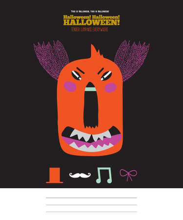 Bright trick or treat card in vector. Stylish halloween illustration with cute, funny, evil, fearsome monsters in cartoon style. Super monster. Happy Halloween party, kids. Eat, drink and be scaryのイラスト素材