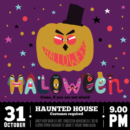 Bright trick or treat card in vector. Stylish halloween illustration with cute, funny, evil, fearsome monsters in cartoon style. Super monster. Happy Halloween party, kids. Eat, drink and be scaryのイラスト素材