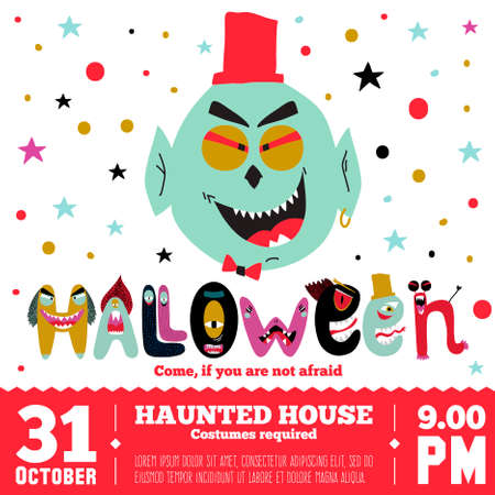 Bright trick or treat card in vector. Stylish halloween illustration with cute, funny, evil, fearsome monsters in cartoon style. Super monster. Happy Halloween party, kids. Eat, drink and be scaryのイラスト素材