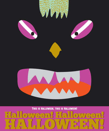 Bright trick or treat card in vector. Stylish halloween illustration with cute, funny, evil, fearsome monsters in cartoon style. Super monster. Happy Halloween party, kids. Eat, drink and be scaryのイラスト素材