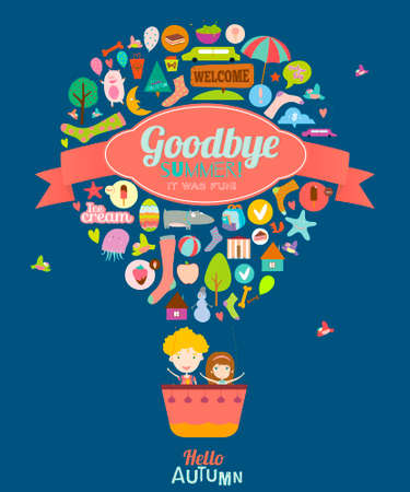 Vector illustration with funny animals and happy kids welcome to school. Bright balloon background in a cute and cartoon style. Goodbye summer. Hello autumn. Outdoor, travel, holiday, skyのイラスト素材