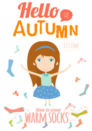 Vector illustration background with funny and happy smiling girl in a cute and cartoon style. Time to hide warm socks. Goodbye summer. Hello autumn.のイラスト素材