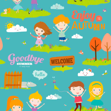 Vector seamless pattern with funny happy smiling kids. Bright illustration background in a cute and cartoon style. Goodbye summer. Hello autumn. Outdoor, travel, playground, garden, sky, grassのイラスト素材