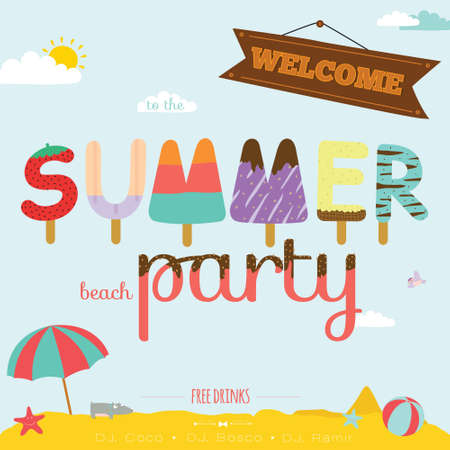 Vintage unusual invitation card on summer beach party. Cute illustration ornaments with ice cream typography. Summer holidays, tropical paradise, sea, sunshine, weekend tour, beach vacation.のイラスト素材