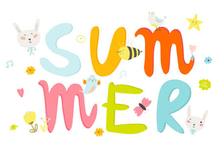 Greeting card with vector Summer typographic and cute party elements: flowers, bird, sweets, bunny, bee. Inspirational and motivational poster. Template for summer and spring season greetings holidays.のイラスト素材