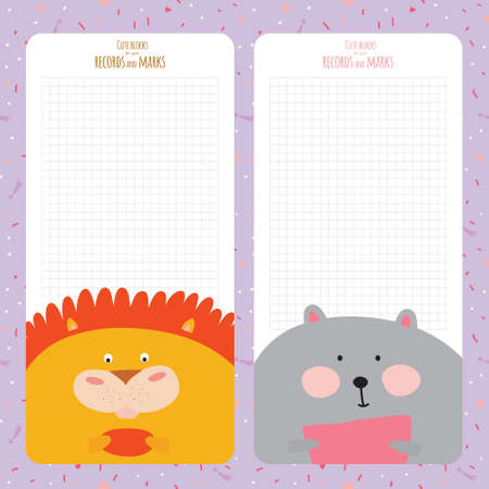 Vector design elements for notebook, diary, stickers and other template design. Cute and cartoon illustration, ready for your message. School accessories. Funny happy animals.  Vintage collection.のイラスト素材