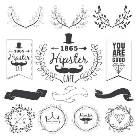 Big set of restaurant and cafe menu design, template design in vector. Cooking frames, labels and graphic elements in hipster style design. Vintage-styled illustration. Fast Food.のイラスト素材