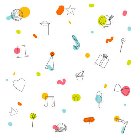 Set of vector design of retro party elements. Cute and cartoon illustration. Template for Happy birthday card. Vintage hipster collection in flat design style.のイラスト素材